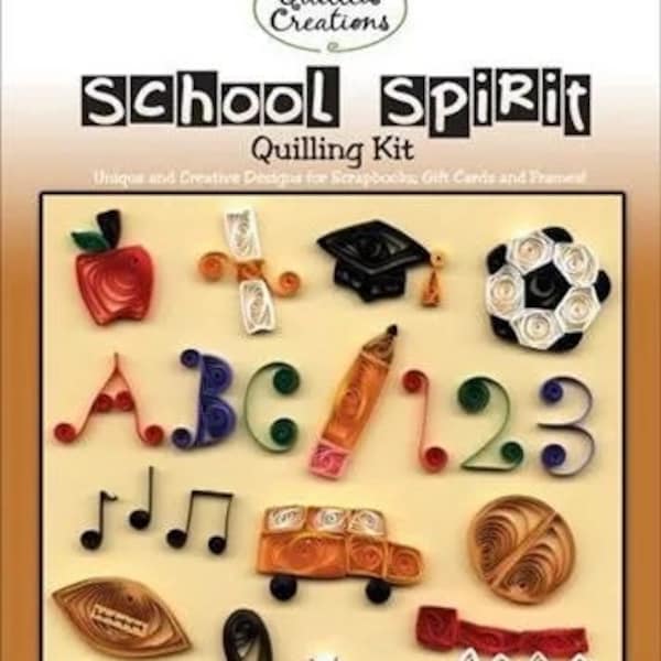 School Spirit Paper Quilling Kit includes apple, scroll and cap, music notes, school bus, and sports equipment by Quilled Creations