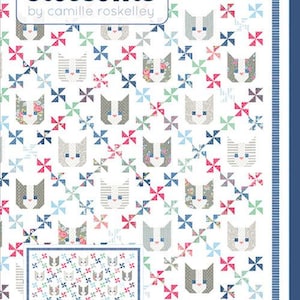 May include: A quilt pattern titled "Thimble Blossoms" by Camille Roskelley. The design features a repeating pattern of cat faces and pinwheels in shades of gray, pink, blue, and white. The quilt is labeled "Kittens" and is a 74-inch cat quilt.