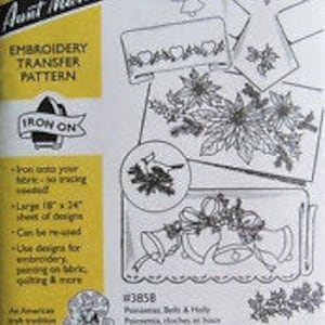 Poinsetias, Bells & Holly Aunt Martha&#39;s #3858 Vintage Embroidery Hot Iron Transfer Pattern