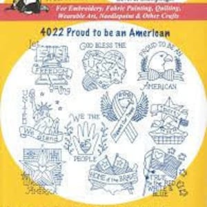 May include: A sheet of iron-on transfers featuring patriotic designs. The designs include "God Bless the USA", "Proud to be an American", "We the People", and "Home of the Brave".