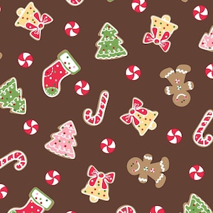 We Whisk You a Merry Christmas - Weihnachtsplätzchen in Braun von Kimberbell für Maywood Studio fließende Schnitte aus Quilter&#39;s Cotton