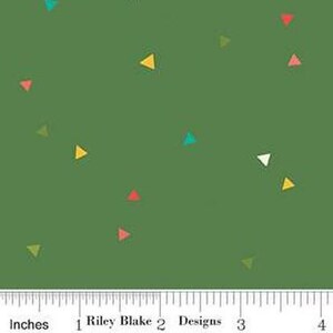 May include: A green fabric with a repeating pattern of colorful triangles. The triangles are in shades of yellow, orange, red, blue, and white.