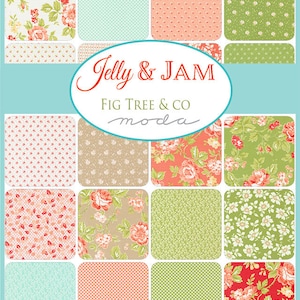 Peut inclure: Collection de tissus Jelly & JAM par Fig Tree & Co. Moda. La collection comprend 12 carrés de tissus différents avec des motifs floraux, à pois et à carreaux vichy dans des tons de vert, rose et marron.