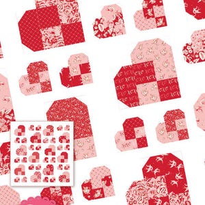May include: A white background features a pattern of red and pink heart shapes with various floral and geometric designs. The word "Lovely" is written in red script. A smaller image shows a grid of heart patterns. Designed by Sarah Price.