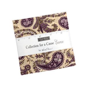 May include: A stack of fabric squares with a paisley pattern in shades of purple, olive green, and cream. The fabric is wrapped with a white label that reads "Collection for a Cause Essence".