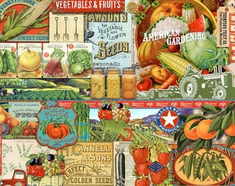 May include: A vintage-style collage featuring various images of fruits, vegetables, and gardening supplies. The collage includes text such as "Locally Grown Vegetables & Fruits", "American Gardening", and "Triumph Tomatoes".