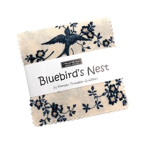 Pode incluir: Um conjunto de quadrados de tecido com fundo creme e um padrão floral e de pássaros azul escuro. A etiqueta diz "Bluebird's Nest" de Kansas Troubles Quilters.