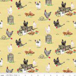 Spring Barn Quilts Chickens in Yellow by Tara Reed for Riley Blake Designs. Continuous Cuts of Quilter&#39;s Cotton fabric.