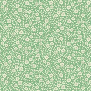 May include: A seamless pattern featuring small white flowers and green leaves on a light green background.