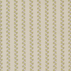 May include: A beige fabric with a repeating pattern of green vines and purple berries. The pattern is in vertical stripes.
