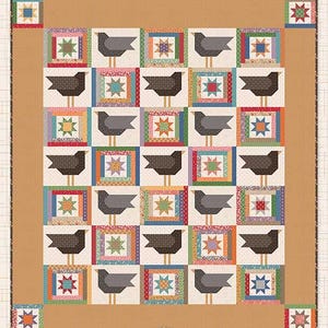 May include: A patchwork quilt titled "Crows in the Corn" featuring a repeating pattern of gray crows and colorful star blocks. The quilt has a brown border and the text "Crows in the Corn" at the top.