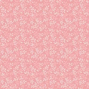 May include: A seamless pattern featuring a pink background and white floral sprigs. The pattern is made up of small, delicate leaves and branches.