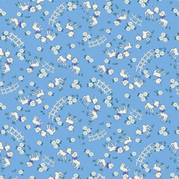 Nana Mae VI Sheep in Blue by Henry Glass continuous cuts of Quilter's Cotton 30's print Fabric
