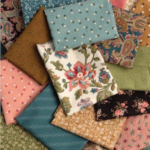 May include: Assortment of fabric swatches in various patterns and colors, including floral, paisley, polka dot, and geometric designs. The fabrics are a mix of green, blue, brown, pink, and white.