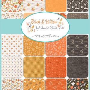 Puede incluir: Una colección de muestras de tela con varios patrones, incluyendo estampados florales, lunares y diseños geométricos en tonos naranja, blanco, marrón y negro. La etiqueta ovalada central muestra el texto Birch & Willow by Sherri & Chelsi moda.
