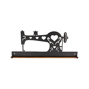 Vintage Sewing Machine Mini Quilt Wall Hanger. Black Metal Silhouette with dowel for hanging 12 inch quilts or wallhangings.