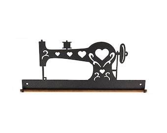 Vintage Sewing Machine Mini Quilt Wall Hanger. Black Metal Silhouette with dowel for hanging 12 inch quilts or wallhangings.