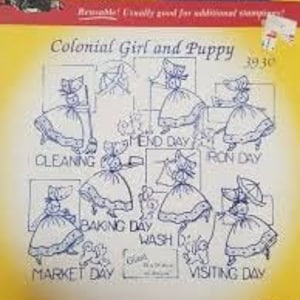 May include: An image of an Aunt Martha's iron-on transfer sheet featuring a Colonial Girl and Puppy design. The sheet includes multiple illustrations of a girl in a colonial dress, with text such as "Cleaning" and "Mend Day". The background is yellow.