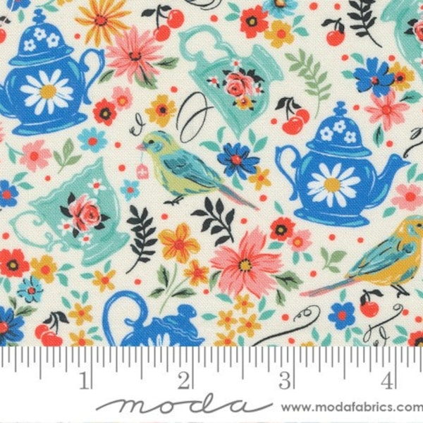 Julia Tea Time Novelty Flowers Birds in Porcelain by Crystal Manning for Moda. Continuous cuts of Quilter's Cotton Fabric