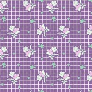 May include: A purple and white floral pattern on a white grid background. The flowers are pink, white, and green.