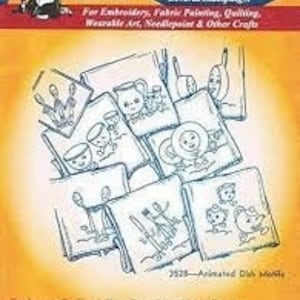 May include: Aunt Martha's Hot Iron Transfers sheet featuring multiple designs for embroidery, fabric painting, quilting, and other crafts. The designs include animated dish motifs. The sheet is printed on a yellow and orange background.