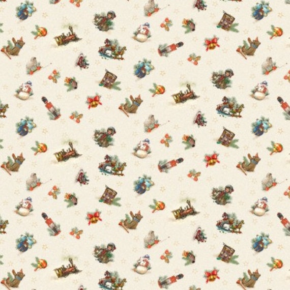 Old Saint Nick Small Toy Tossed in Cream by Henry Glass continuous cuts of Quilter's Cotton Fabric