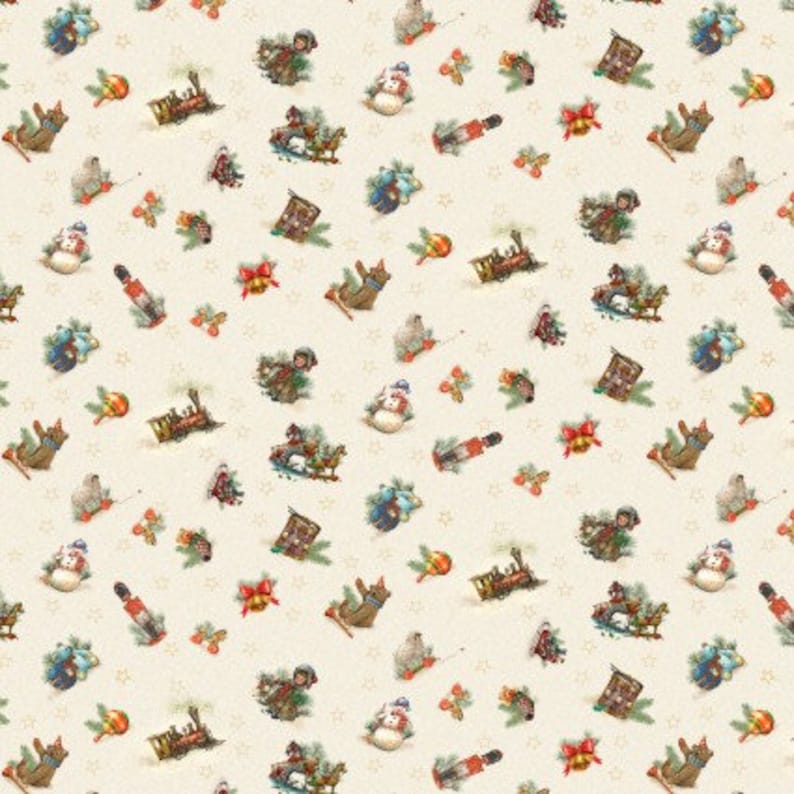 May include: A white background with a repeating pattern of Christmas-themed illustrations. The illustrations include a snowman, a nutcracker, a rocking horse, a sled, a candy cane, a bell, a star, a bird, a butterfly, a present, and a tree.