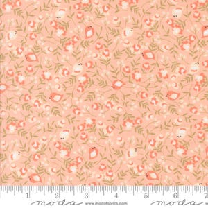 May include: Peach-colored fabric with a repeating pattern of small birds, flowers, and leaves. The birds are coral with white accents, the flowers are white and coral, and the leaves are olive green. The fabric has a delicate, floral design.