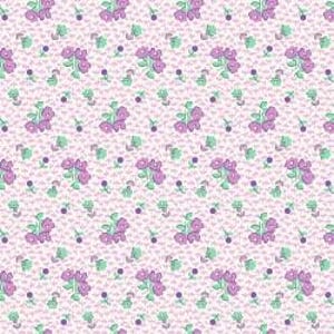 May include: A seamless pattern featuring a repeating design of small purple flowers with green leaves and white dots on a light pink background.