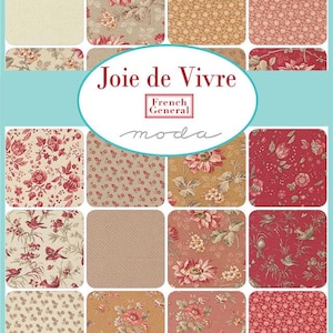 May include: A selection of fabric samples featuring floral designs in red, pink, beige, and gold. The text "Joie de Vivre" is presented in a white oval, with "French General" and "moda" underneath.