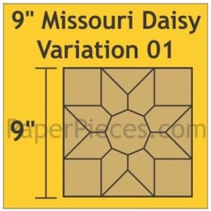 May include: A tan Missouri Daisy Variation 01 design, 9 inches square, with a geometric pattern. The design features a central star shape surrounded by squares and other geometric shapes, all outlined in black. The background is yellow.