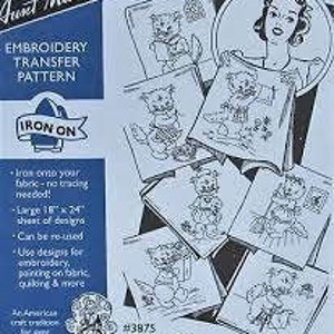 May include: Iron-on embroidery transfer pattern featuring six designs of a cat with different poses. The pattern is labeled "#3875 Miss Kitty Kat".