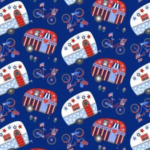 My Happy Place print by Sharla Fults for Studio E Fabrics continuous cuts of Quilter's Cotton Fabric red, white, and blue vintage campers