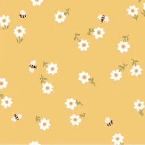 May include: A seamless pattern featuring white daisies with green stems and black and yellow bees on a yellow background.