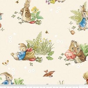 Peter Rabbit & Benjamin Bunny Main in Cream for Riley Blake Designs. Continuous Cuts of Quilter's Cotton fabric.