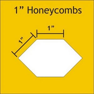 Puede incluir: Un diagrama de una forma de panal de abeja blanca con medidas de 2,54 cm sobre un fondo amarillo. El texto "1" Honeycombs" está en la parte superior.