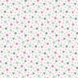 May include: A seamless pattern with a white background and a variety of geometric shapes in shades of green and pink. The shapes include circles, squares, and triangles.