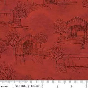 May include: Red fabric with a repeating pattern of covered bridges, trees, and barns in a sketched style. The design includes a ruler with inches and the text "Riley Blake Designs".
