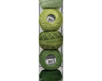 May include: A clear plastic package containing five spools of green Lizbeth brand crochet thread. The thread shades range from light to dark green. The Lizbeth logo is visible at the bottom of the package.