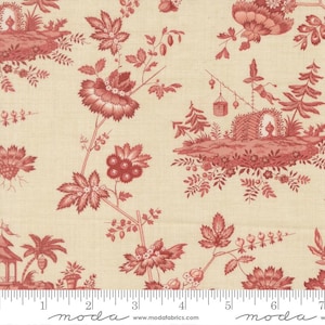 May include: Cream-coloured fabric featuring a repeating pattern of red floral and landscape designs. The pattern includes large flowers, branches, and small architectural elements. The fabric has a ruler along the bottom edge, with measurements in inches.