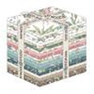 May include: A square stack of fabric squares bundled with a cream-coloured paper ribbon. The fabric features various botanical and floral patterns in shades of sage green, dusty rose, cream, and dark teal, arranged in a neat, uniform cube shape.