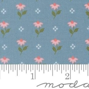 Könnte beinhalten: Nahaufnahme eines blauen Stoffes mit einem sich wiederholenden Muster aus rosa Blumen, grünen Stielen und weißen Punkten. Der Stoff wird mit einem Lineal gemessen. Das Wort "moda" ist unten aufgedruckt.