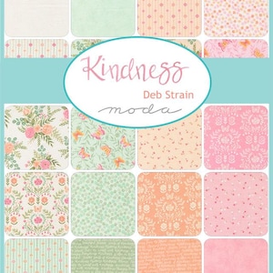 May include: A fabric swatch collection featuring various floral and butterfly patterns in pastel colors. The collection includes squares of white, green, pink, and peach fabrics. The word "Kindness" is written in cursive, with "Deb Strain moda" below.