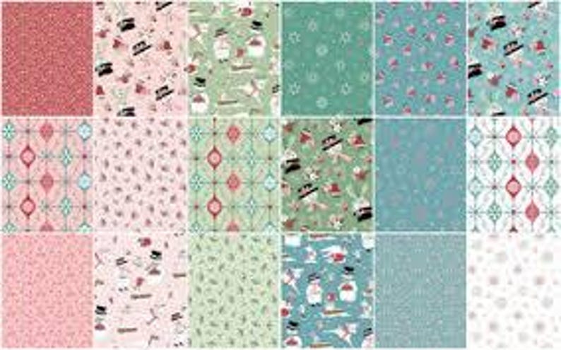 K&ouml;nnte beinhalten: Eine Sammlung von Stoffmustern mit verschiedenen Designs. Die Muster umfassen Glitzer, Schneem&auml;nner, geometrische Formen und florale Motive. Die Farben reichen von Rosa und Rot bis Gr&uuml;n und Blau, passend f&uuml;r weihnachtliche Bastelarbeiten.