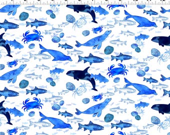 Sea Animals in White from the Western Washington Shop Hop 2026 collection by Clothworks  continuous cuts of Quilter's Cotton Fabric