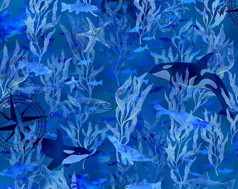 Tossed Water and Sea Life Western Washington Shop Hop 2026 collection by In The Beginning Fabrics continuous cuts of Quilter's Cotton Fabric