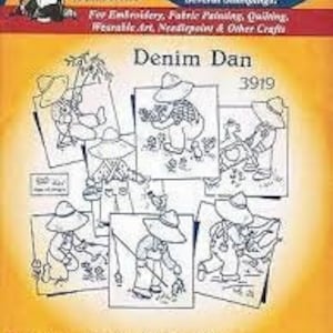 May include: A set of six iron-on transfer designs featuring a cartoon character named Denim Dan. The designs include Denim Dan wearing a hat and overalls, holding a fishing pole, and interacting with chickens. The transfer sheet is labeled "Denim Dan 3919".