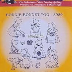 May include: A sheet of iron-on transfers featuring illustrations of a cartoon character wearing different outfits. The character is a small, anthropomorphic animal with a large head and a long snout. The text "Bonnie Bonnet Too - 3989" is printed at the top of the sheet.