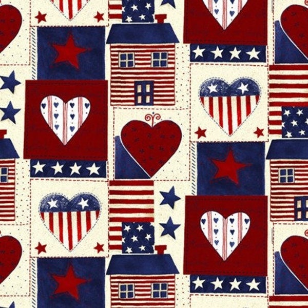 Americana Heart Patch print by David Textiles continuous cuts of Quilter's Cotton Fabric red, white, and blue