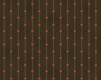 May include: A seamless pattern with a repeating design of small pink flowers on a dark brown background. The flowers are arranged in vertical rows with a dotted line between each row.